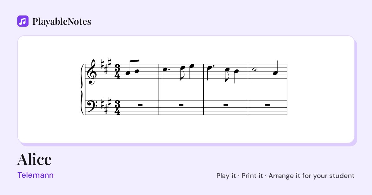 The first bars of Alice by Telemann, engraved.
