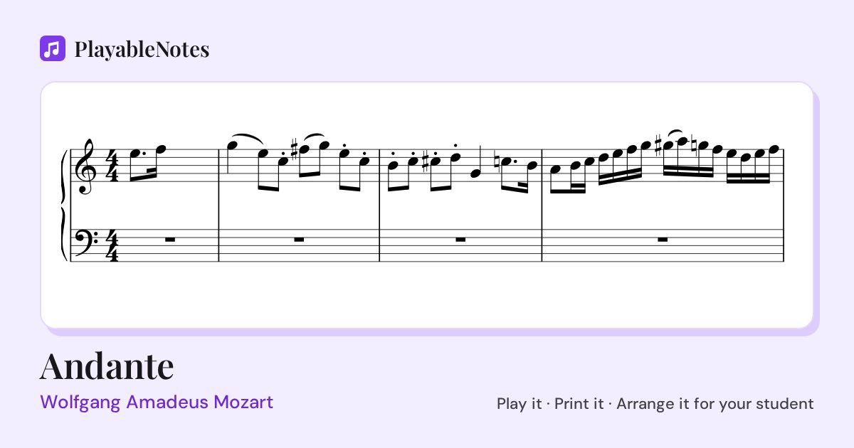 The first bars of Andante by Wolfgang Amadeus Mozart, engraved.