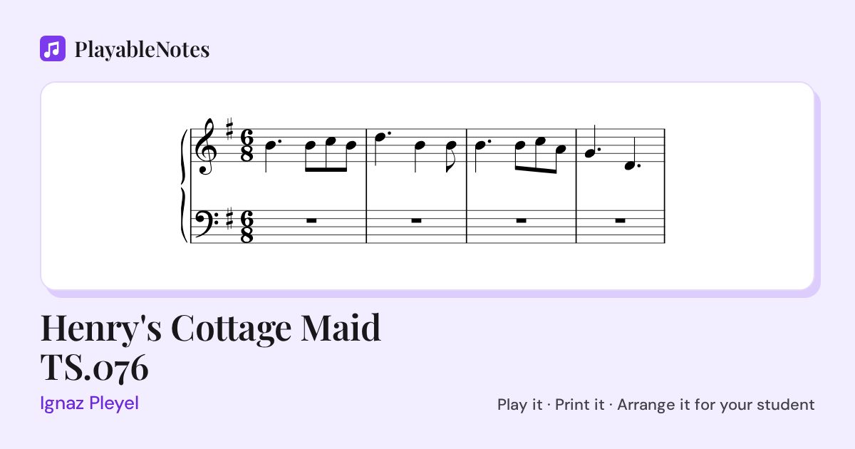 The first bars of Henry's Cottage Maid TS.076 by Ignaz Pleyel, engraved.