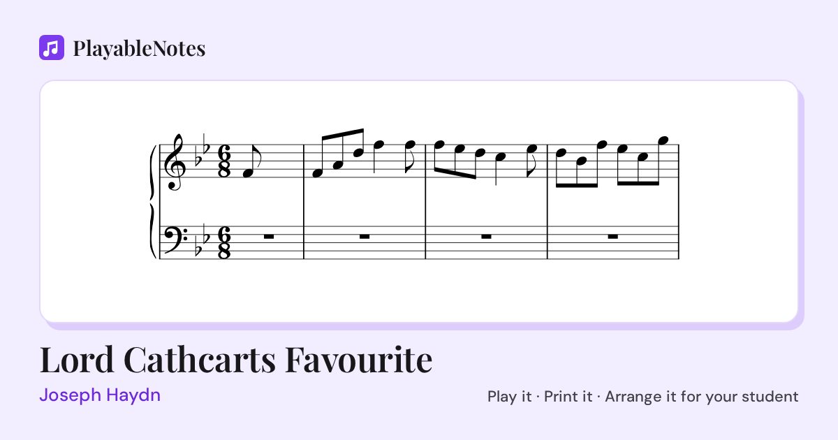 The first bars of Lord Cathcarts Favourite by Joseph Haydn, engraved.