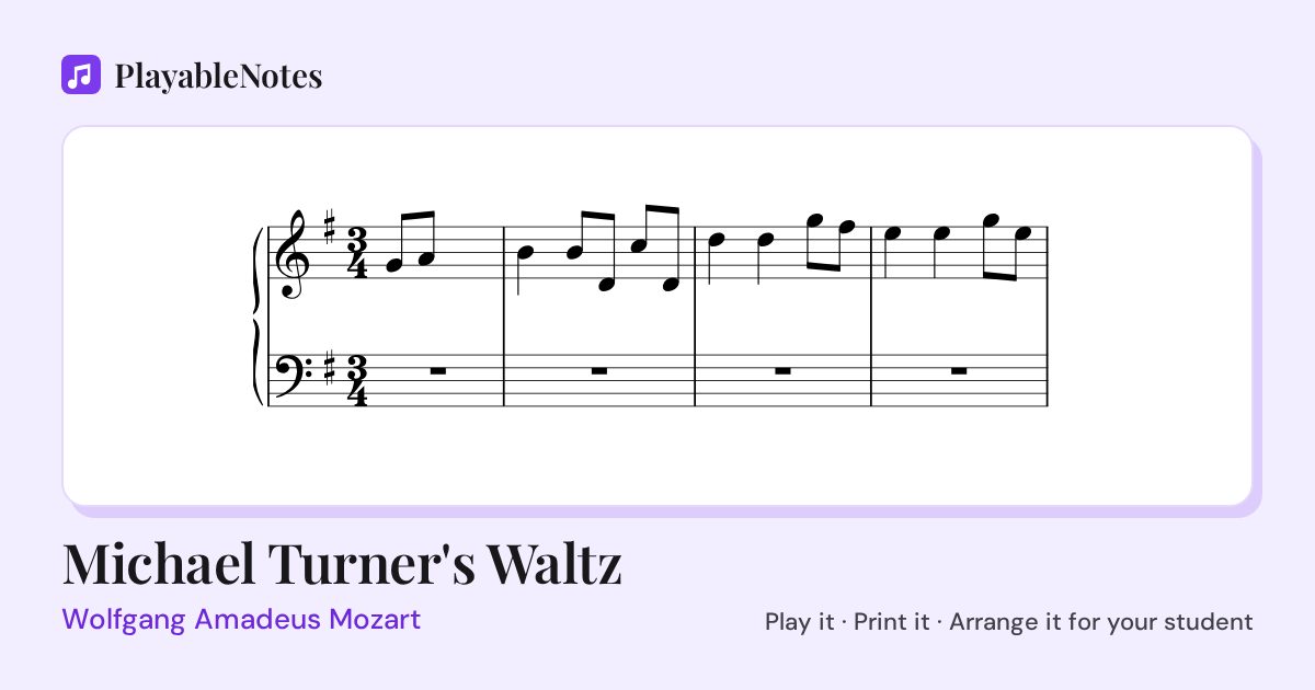 The first bars of Michael Turner's Waltz by Wolfgang Amadeus Mozart, engraved.