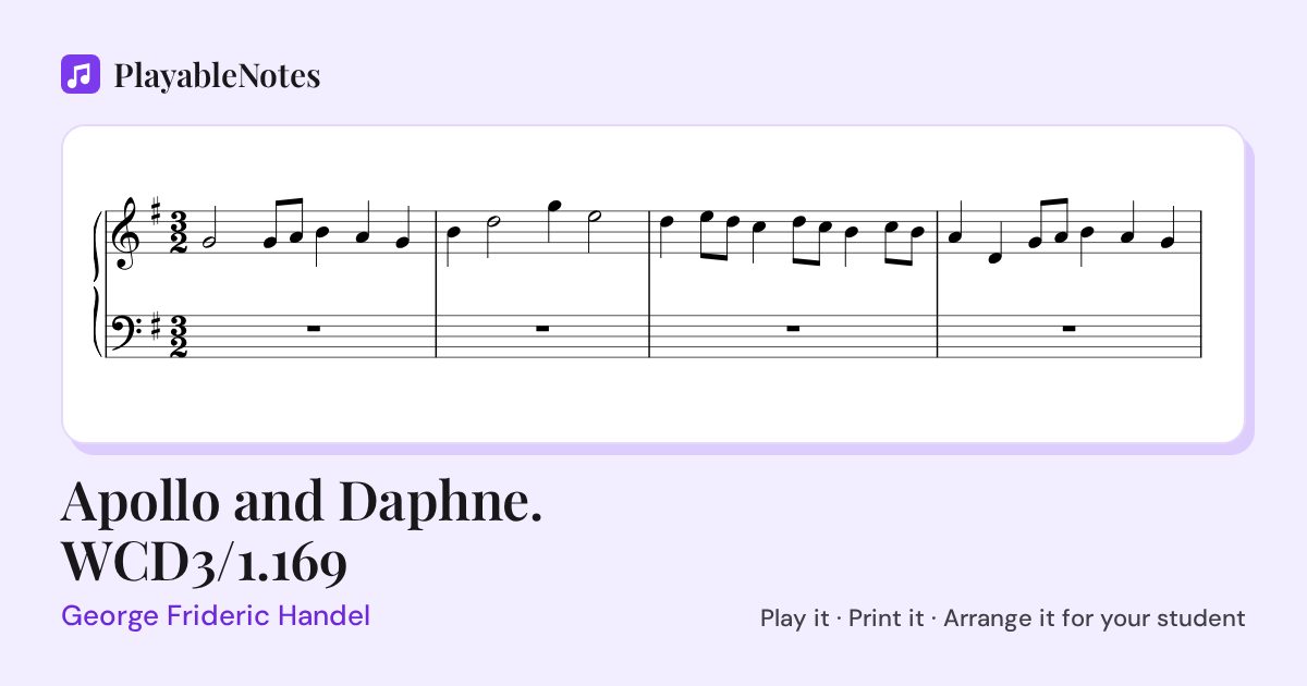 The first bars of Apollo and Daphne. WCD3/1.169 by George Frideric Handel, engraved.