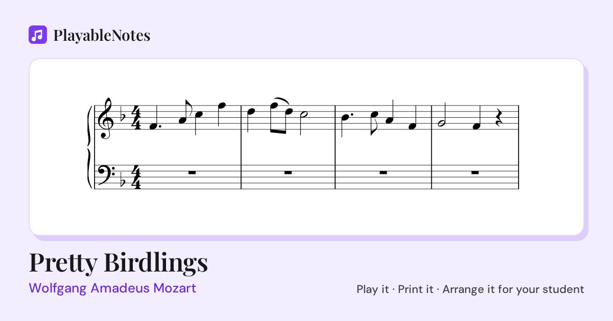 The first bars of Pretty Birdlings by Wolfgang Amadeus Mozart, engraved.