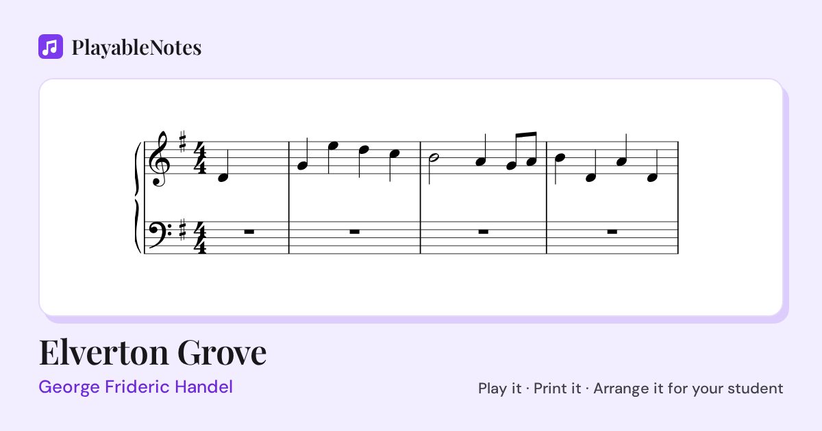 The first bars of Elverton Grove by George Frideric Handel, engraved.