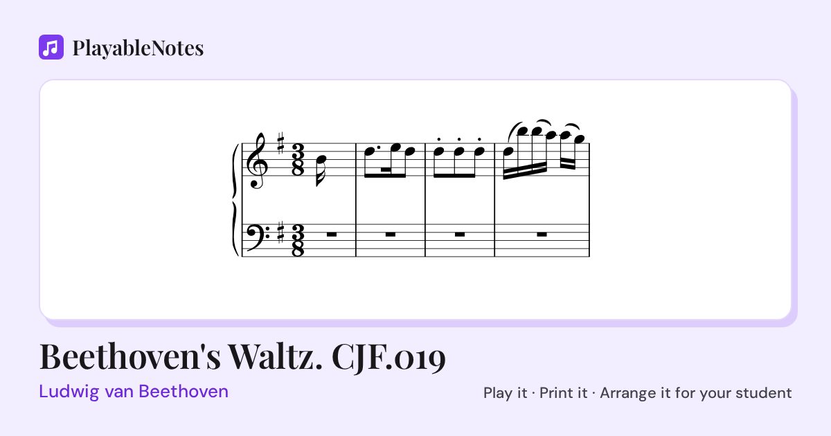 The first bars of Beethoven's Waltz. CJF.019 by Ludwig van Beethoven, engraved.