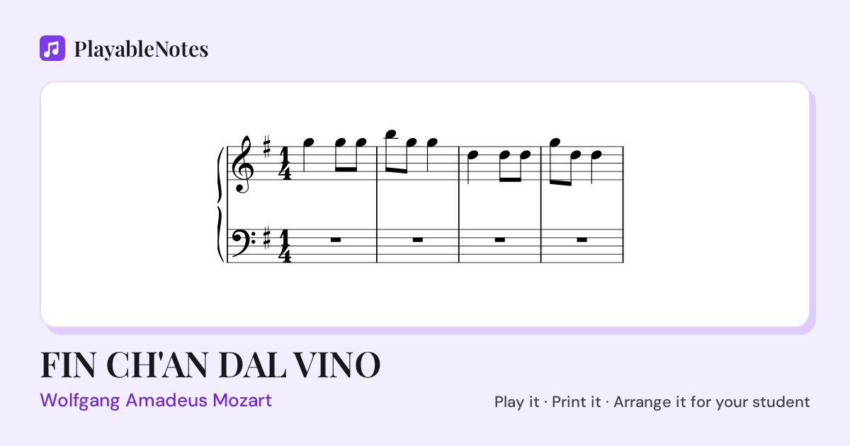 The first bars of FIN CH'AN DAL VINO by Wolfgang Amadeus Mozart, engraved.