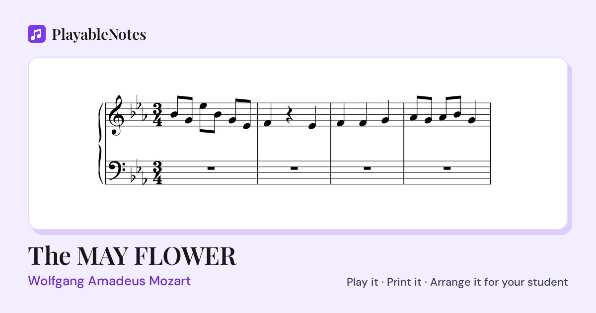 The first bars of The MAY FLOWER by Wolfgang Amadeus Mozart, engraved.