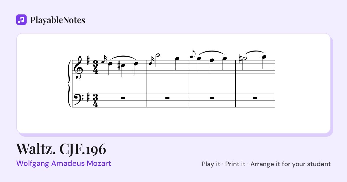 The first bars of Waltz. CJF.196 by Wolfgang Amadeus Mozart, engraved.