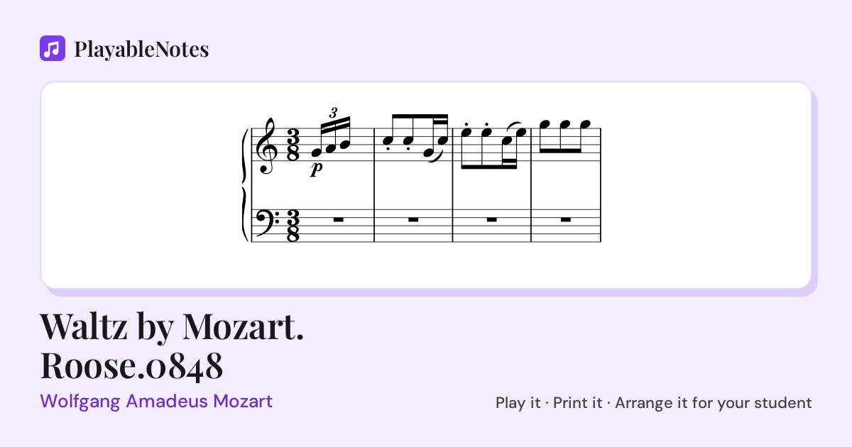 The first bars of Waltz by Mozart. Roose.0848 by Wolfgang Amadeus Mozart, engraved.