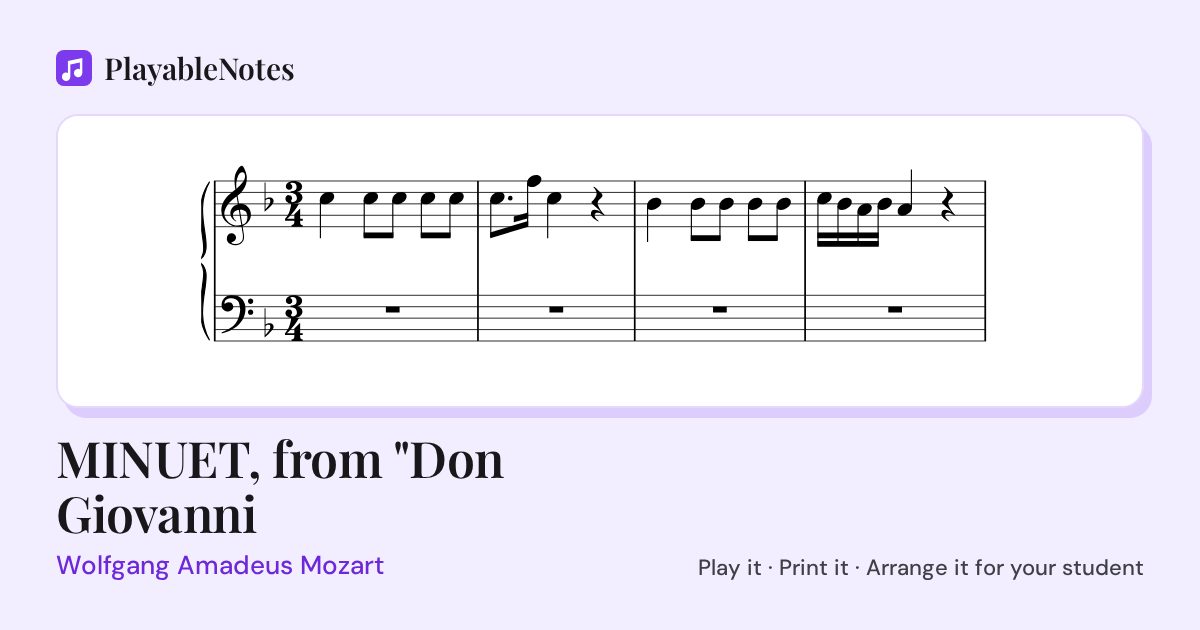 The first bars of MINUET, from "Don Giovanni by Wolfgang Amadeus Mozart, engraved.