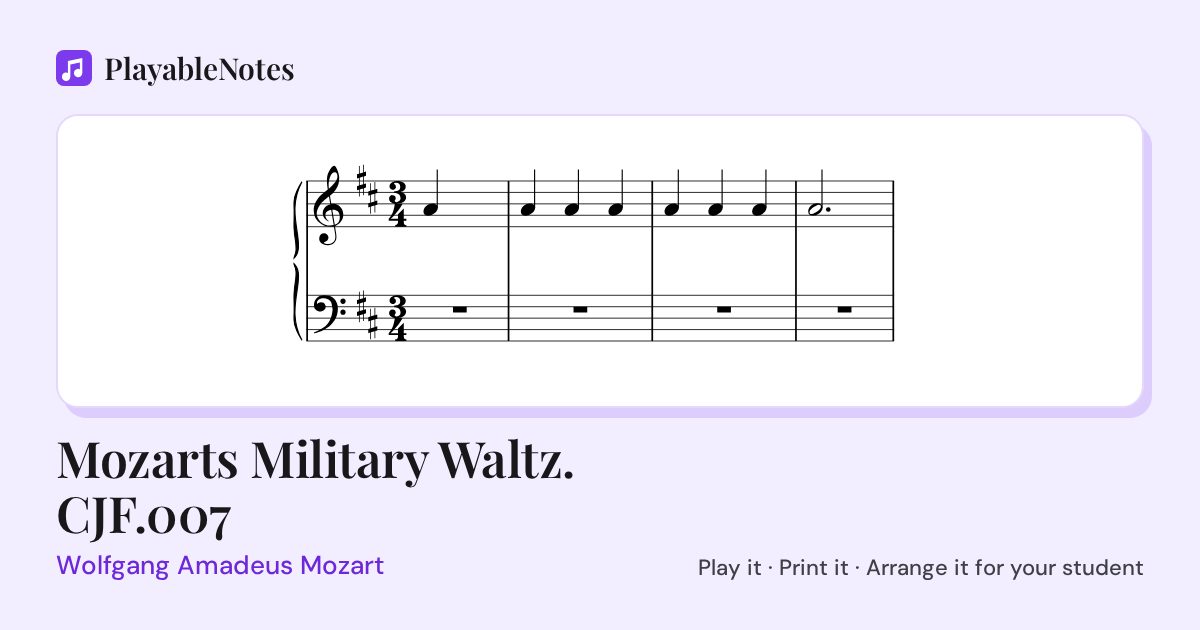 The first bars of Mozarts Military Waltz. CJF.007 by Wolfgang Amadeus Mozart, engraved.