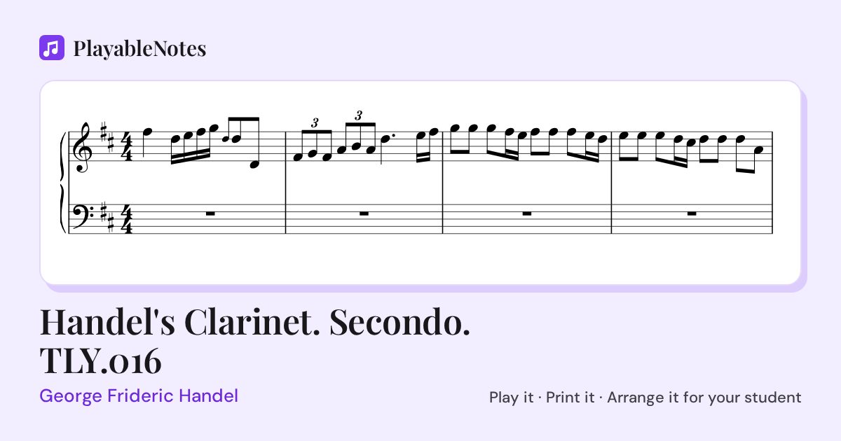 The first bars of Handel's Clarinet. Secondo. TLY.016 by George Frideric Handel, engraved.