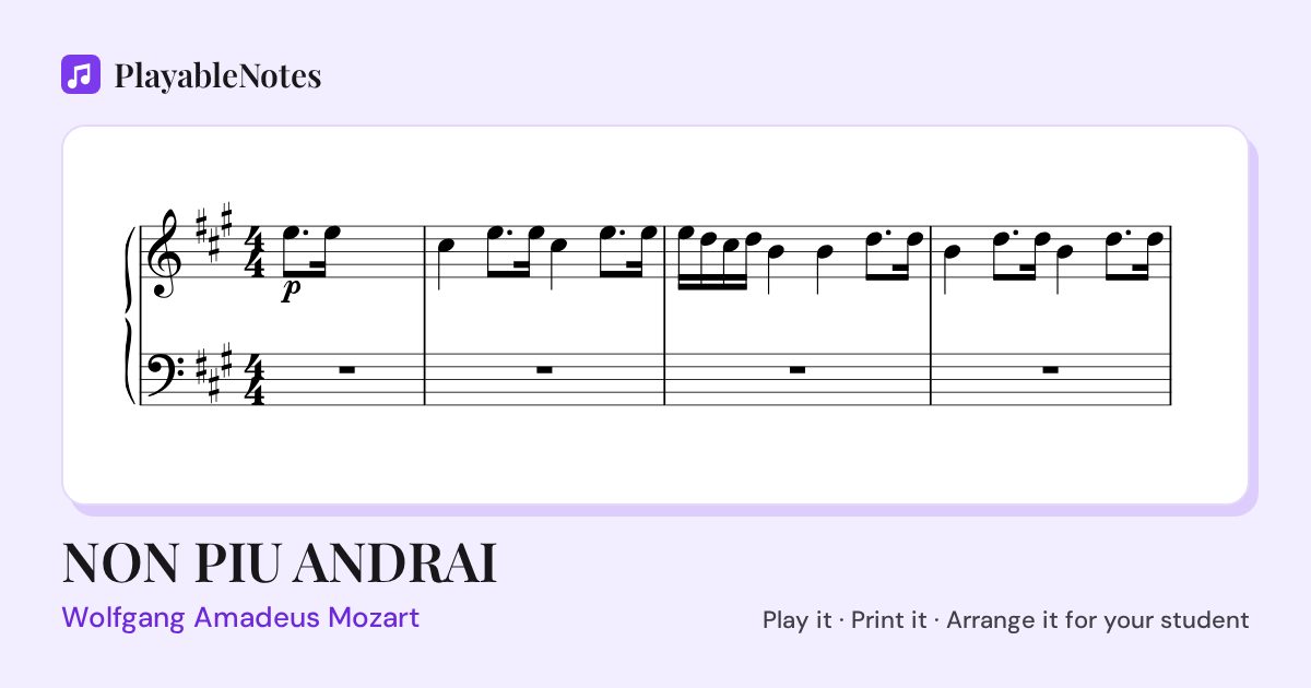 The first bars of NON PIU ANDRAI by Wolfgang Amadeus Mozart, engraved.