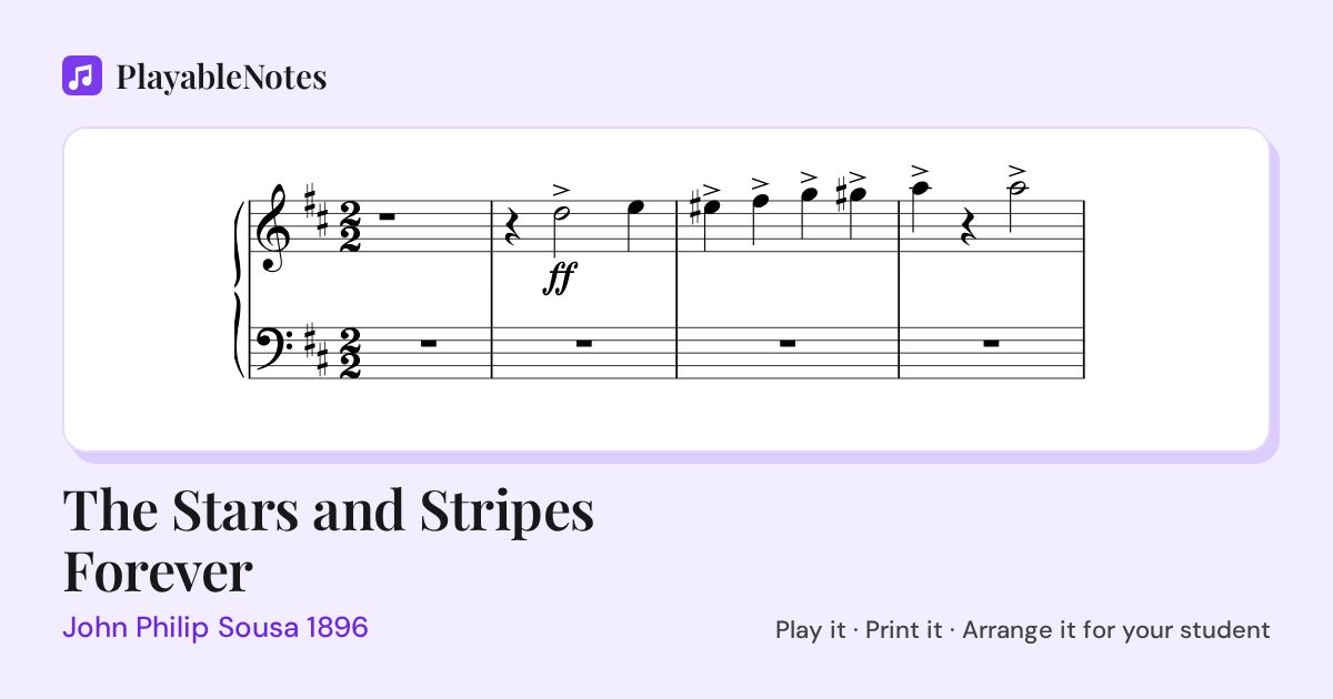 The first bars of The Stars and Stripes Forever by John Philip Sousa 1896, engraved.