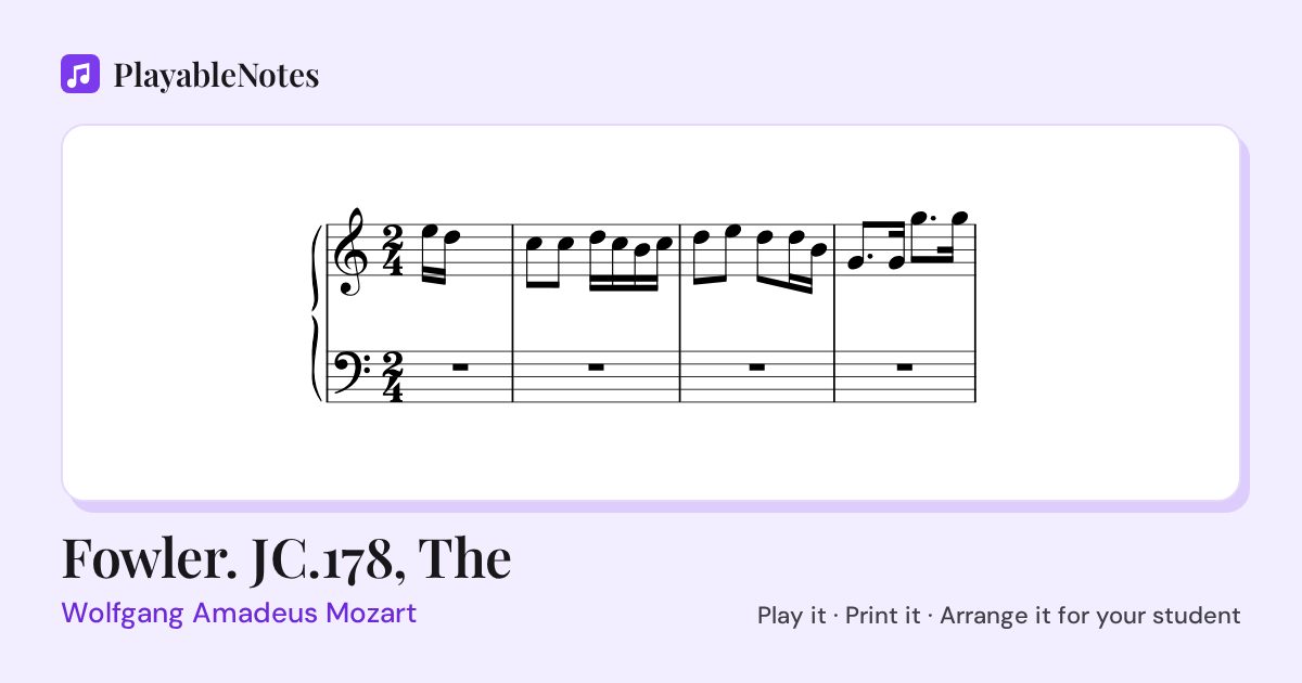 The first bars of Fowler. JC.178, The by Wolfgang Amadeus Mozart, engraved.