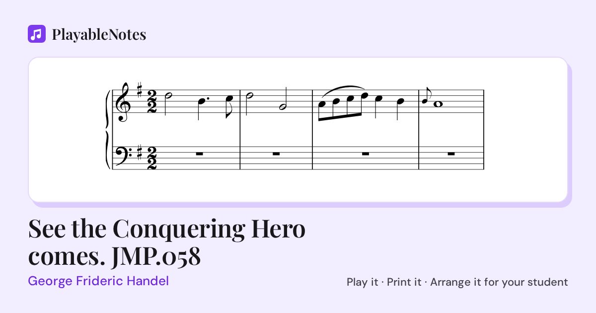 The first bars of See the Conquering Hero comes. JMP.058 by George Frideric Handel, engraved.