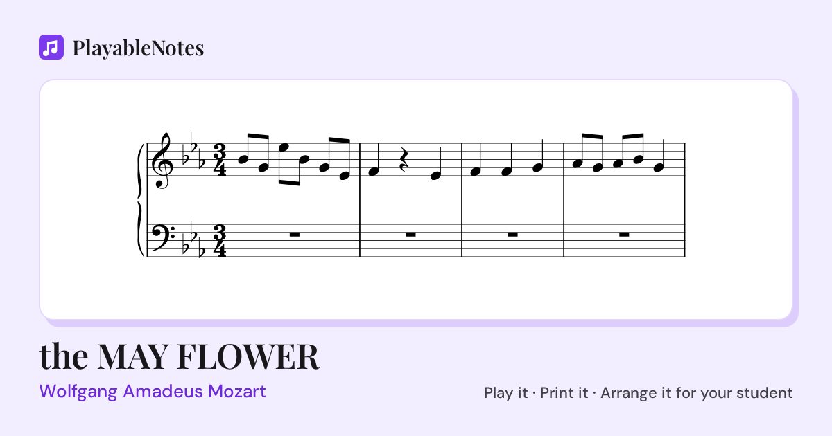 The first bars of the MAY FLOWER by Wolfgang Amadeus Mozart, engraved.