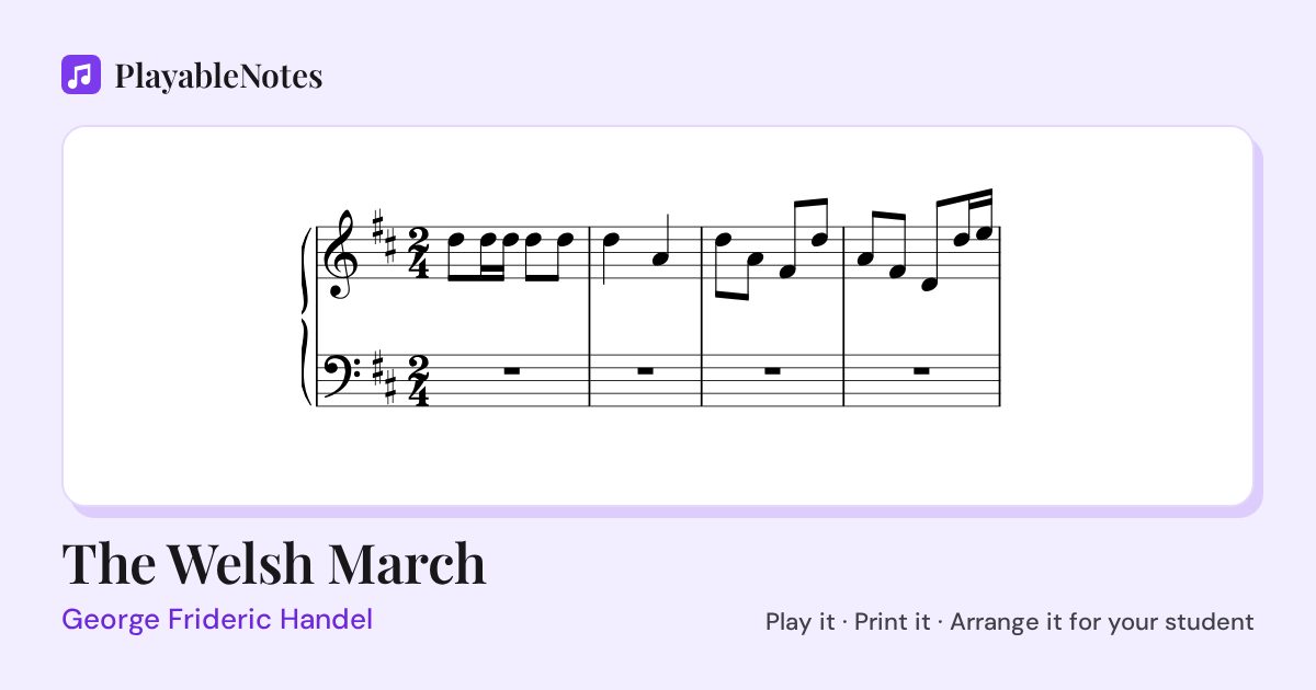 The first bars of The Welsh March by George Frideric Handel, engraved.