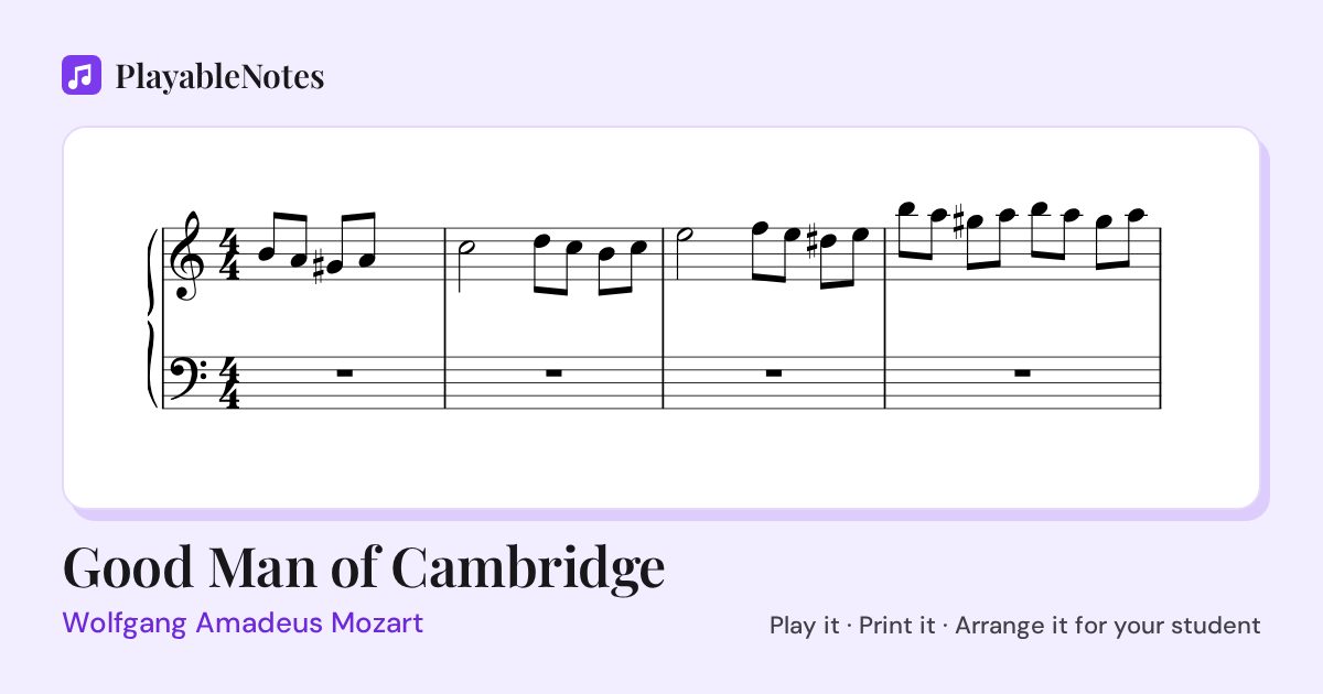 The first bars of Good Man of Cambridge by Wolfgang Amadeus Mozart, engraved.