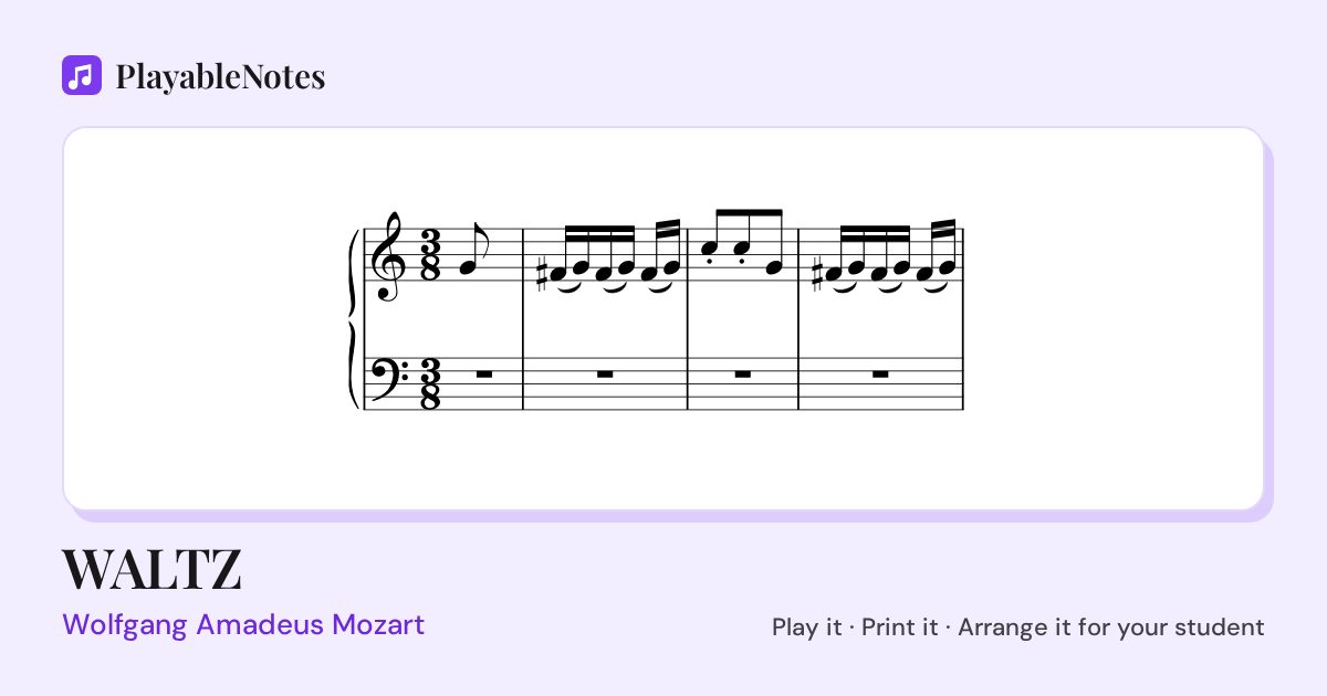 The first bars of WALTZ by Wolfgang Amadeus Mozart, engraved.