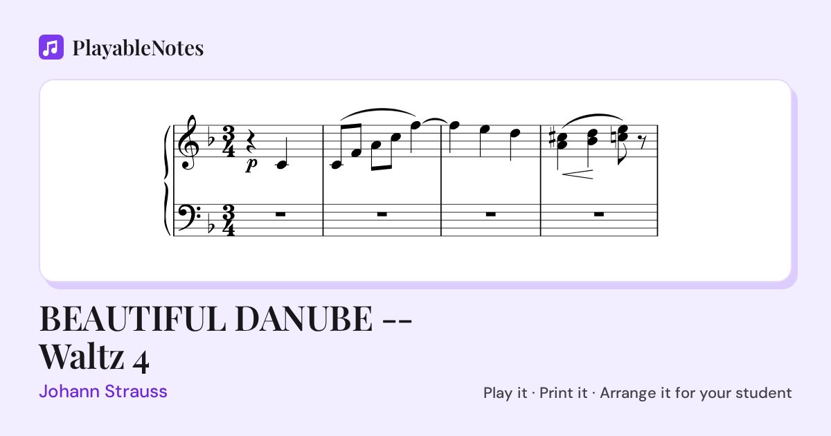 The first bars of BEAUTIFUL DANUBE -- Waltz 4 by Johann Strauss, engraved.