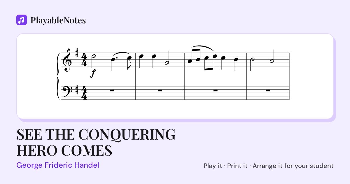 The first bars of SEE THE CONQUERING HERO COMES by George Frideric Handel, engraved.