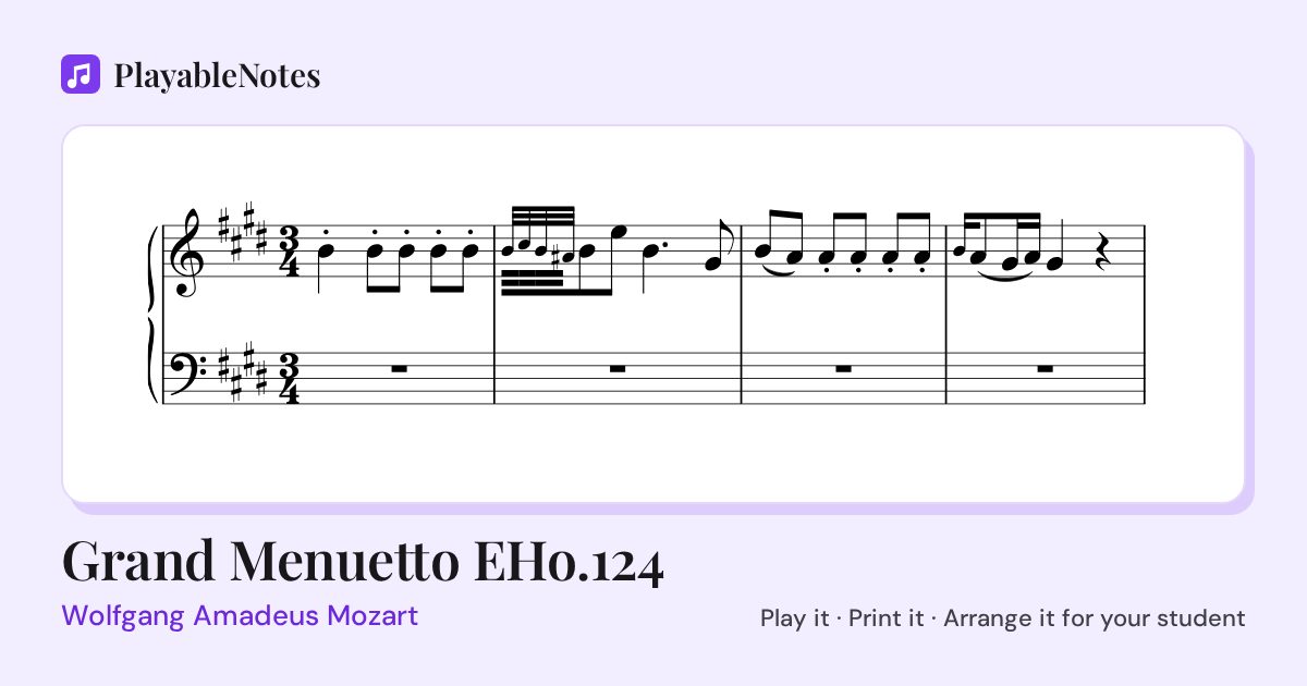 The first bars of Grand Menuetto EHo.124 by Wolfgang Amadeus Mozart, engraved.