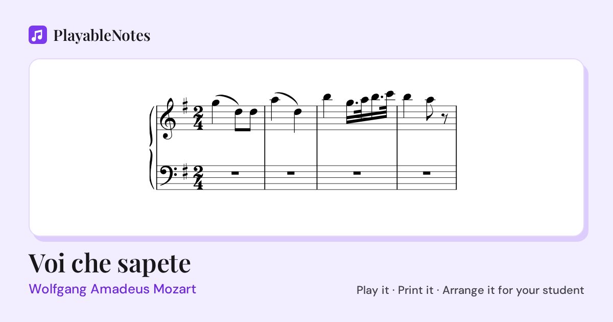 The first bars of Voi che sapete by Wolfgang Amadeus Mozart, engraved.