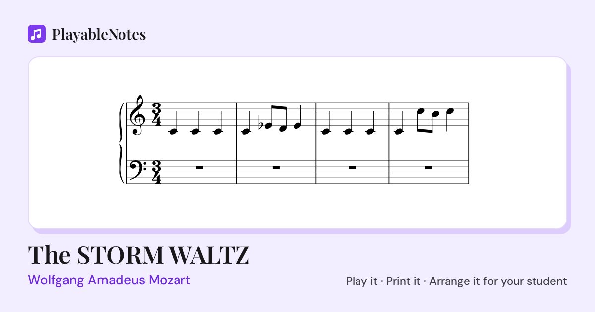 The first bars of The STORM WALTZ by Wolfgang Amadeus Mozart, engraved.