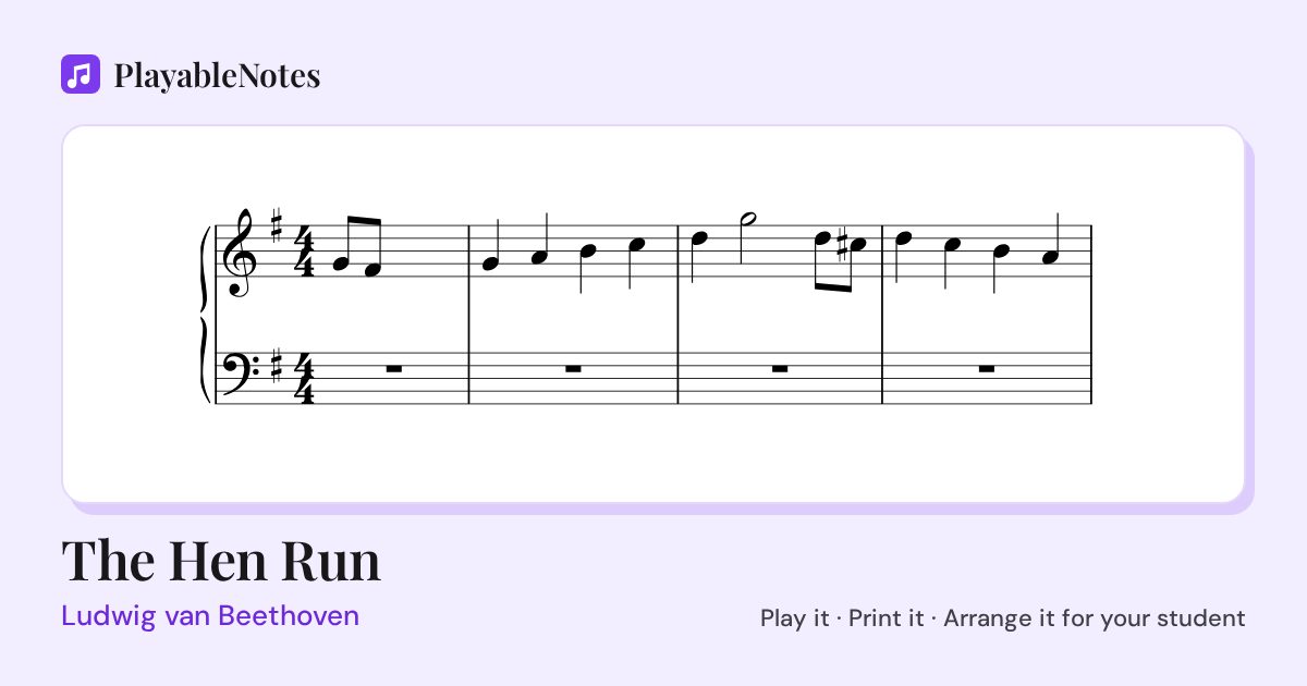 The first bars of The Hen Run by Ludwig van Beethoven, engraved.