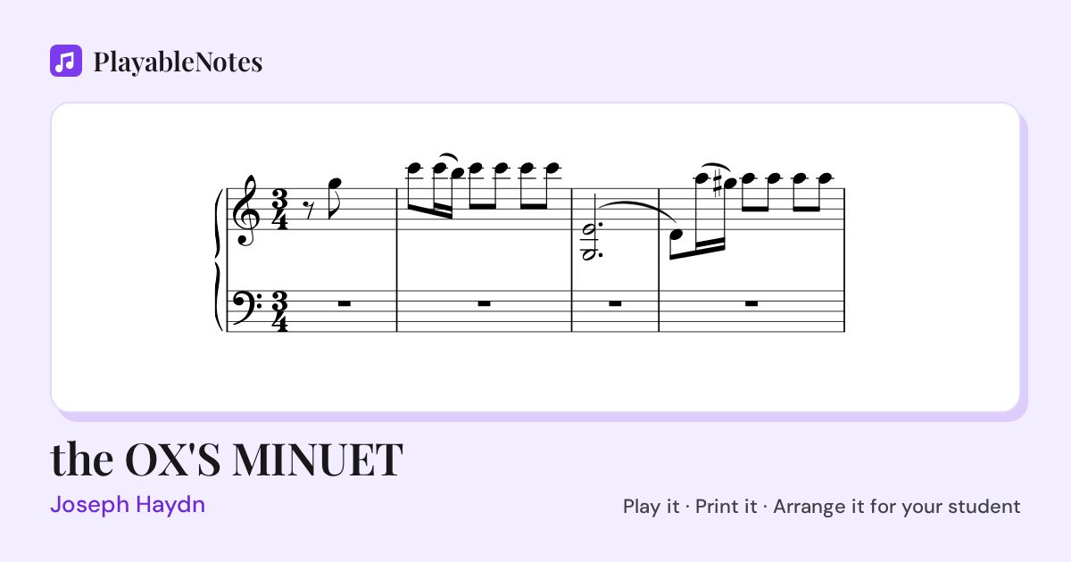 The first bars of the OX'S MINUET by Joseph Haydn, engraved.
