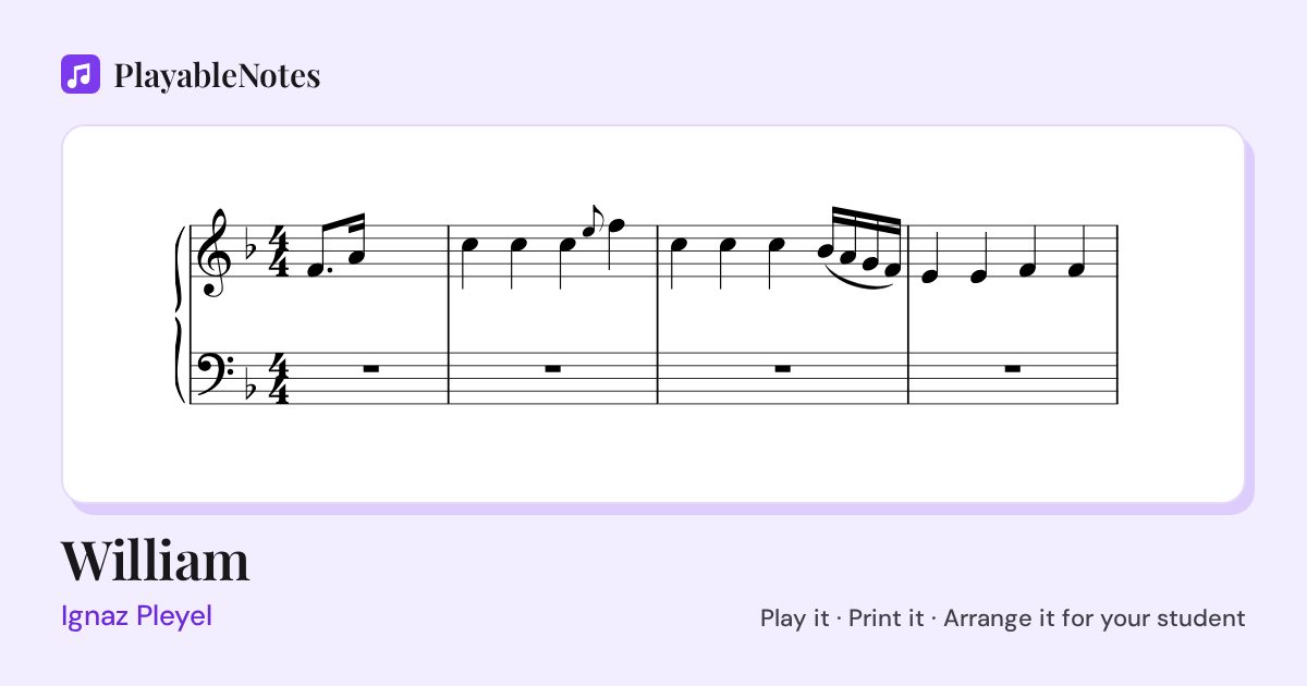 The first bars of William by Ignaz Pleyel, engraved.