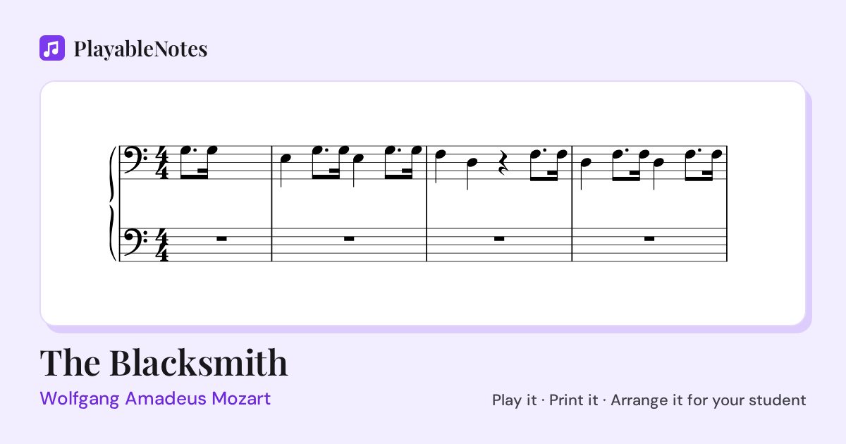 The first bars of The Blacksmith by Wolfgang Amadeus Mozart, engraved.