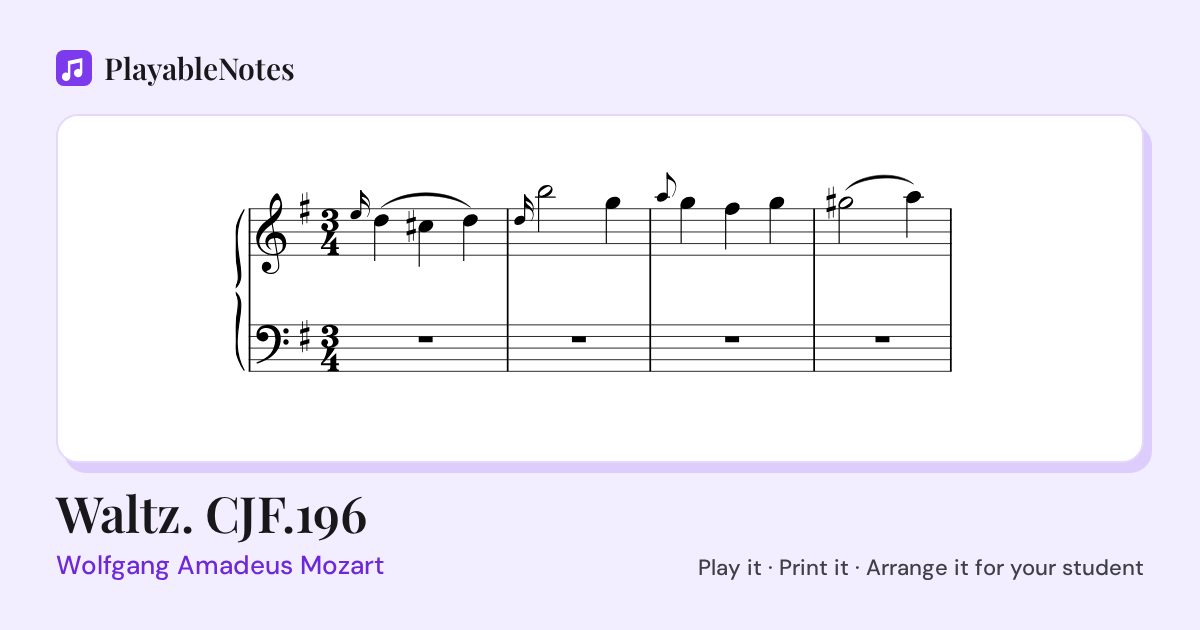 The first bars of Waltz. CJF.196 by Wolfgang Amadeus Mozart, engraved.
