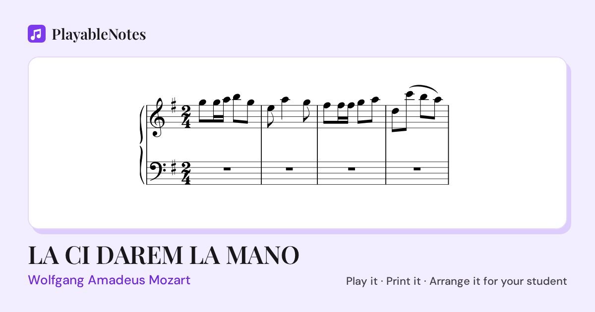 The first bars of LA CI DAREM LA MANO by Wolfgang Amadeus Mozart, engraved.