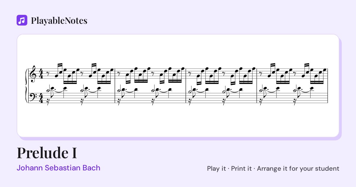 The first bars of Prelude I by Johann Sebastian Bach, engraved.