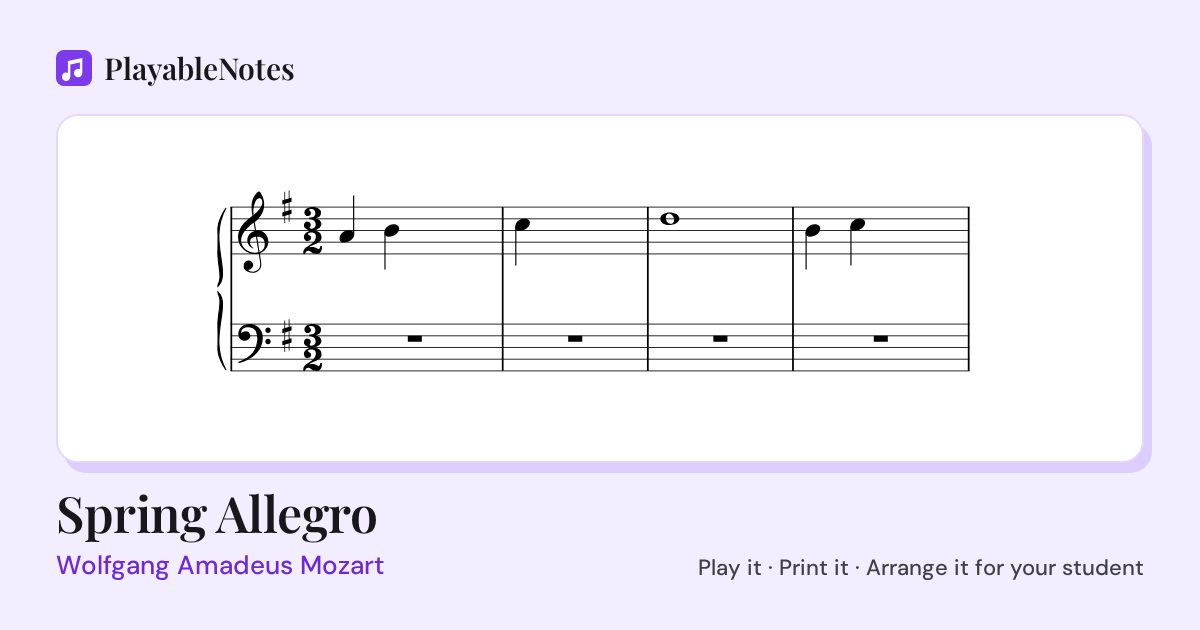 The first bars of Spring Allegro by Wolfgang Amadeus Mozart, engraved.