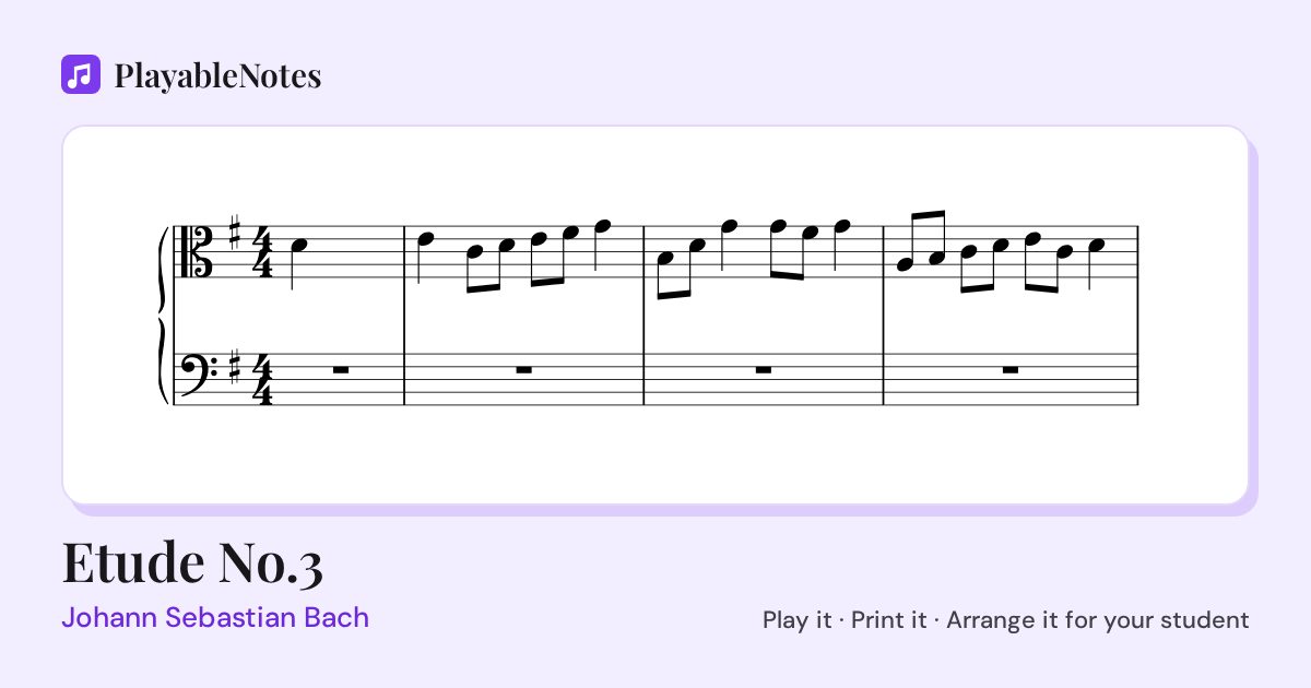 The first bars of Etude No.3 by Johann Sebastian Bach, engraved.