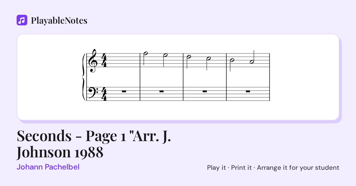 The first bars of Seconds - Page 1 "Arr. J. Johnson 1988 by Johann Pachelbel, engraved.