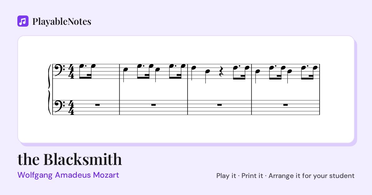 The first bars of the Blacksmith by Wolfgang Amadeus Mozart, engraved.