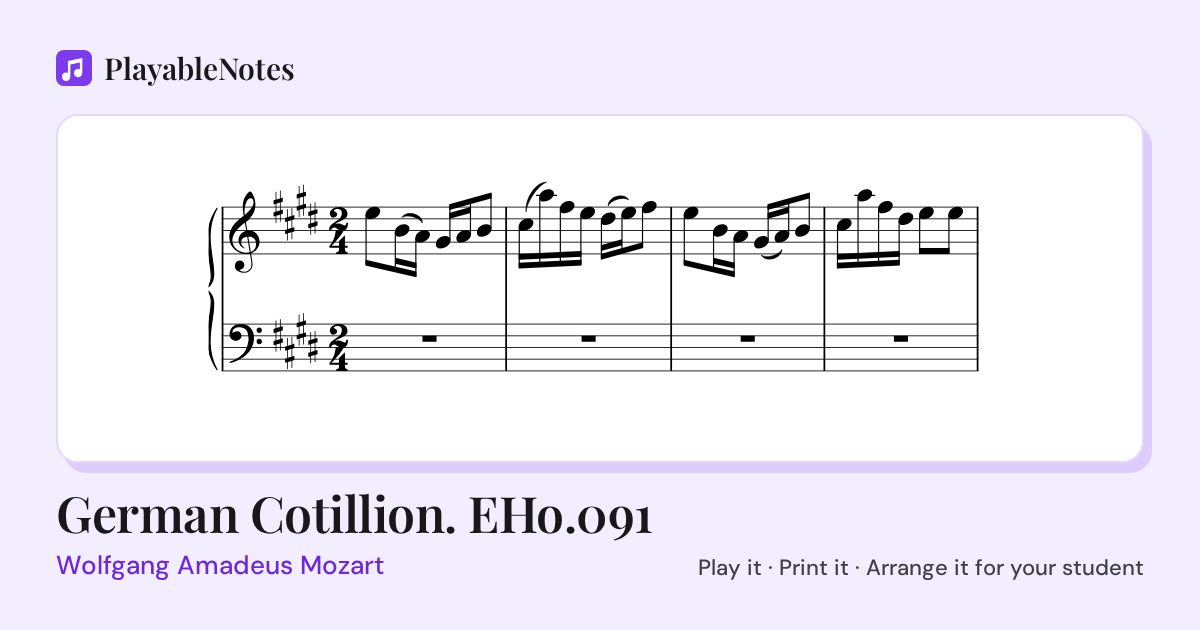 The first bars of German Cotillion. EHo.091 by Wolfgang Amadeus Mozart, engraved.
