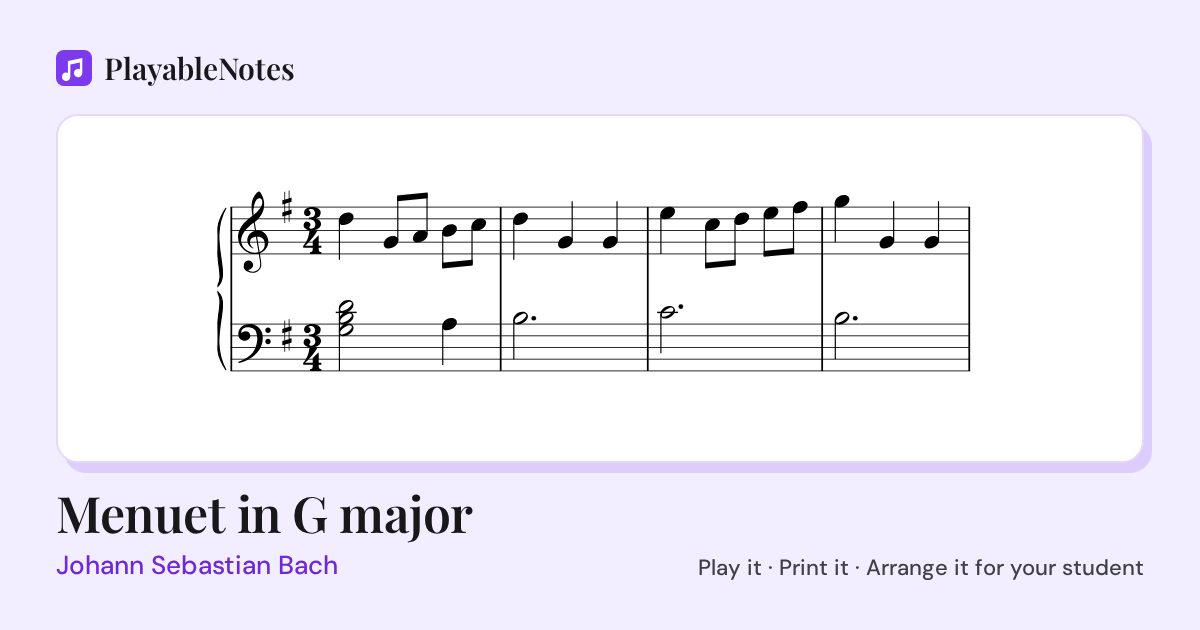 The first bars of Menuet in G major by Johann Sebastian Bach, engraved.