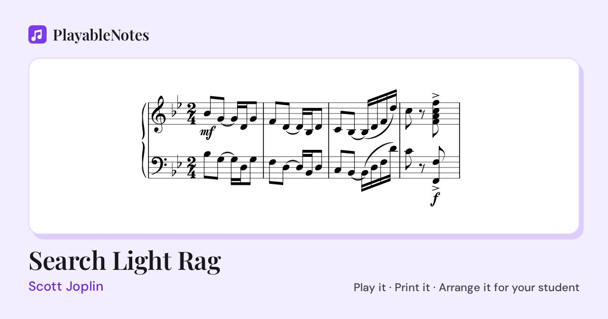 The first bars of Search Light Rag by Scott Joplin, engraved.