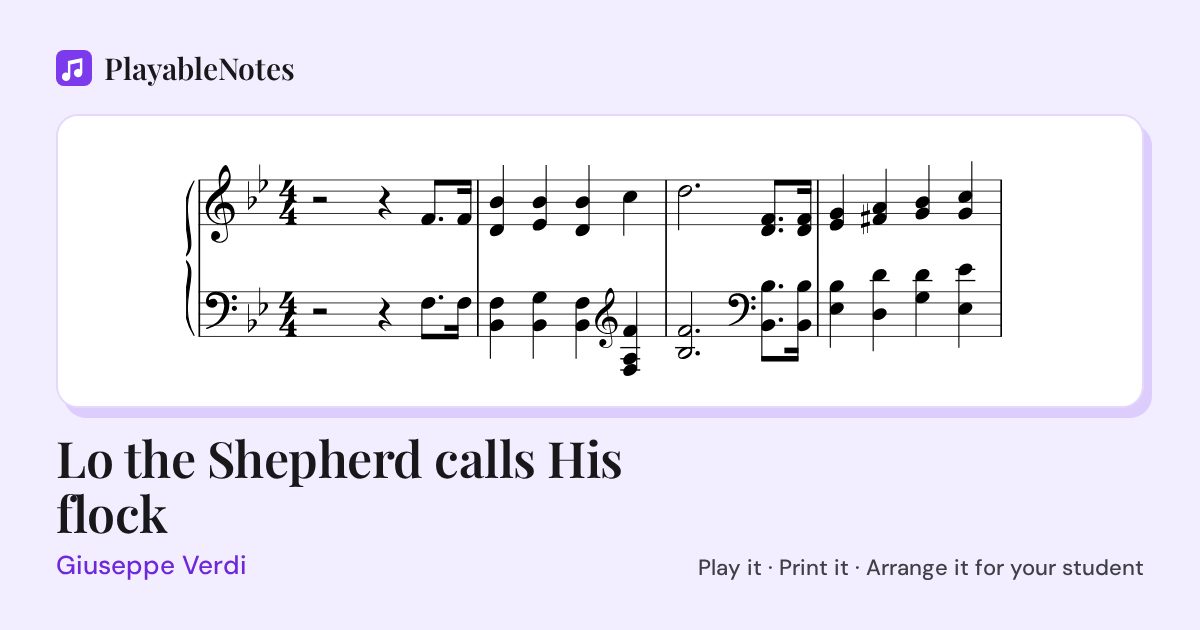 The first bars of Lo the Shepherd calls His flock by Giuseppe Verdi, engraved.