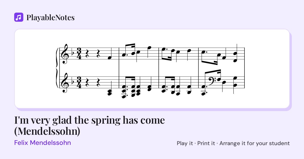 The first bars of I'm very glad the spring has come (Mendelssohn) by Felix Mendelssohn, engraved.