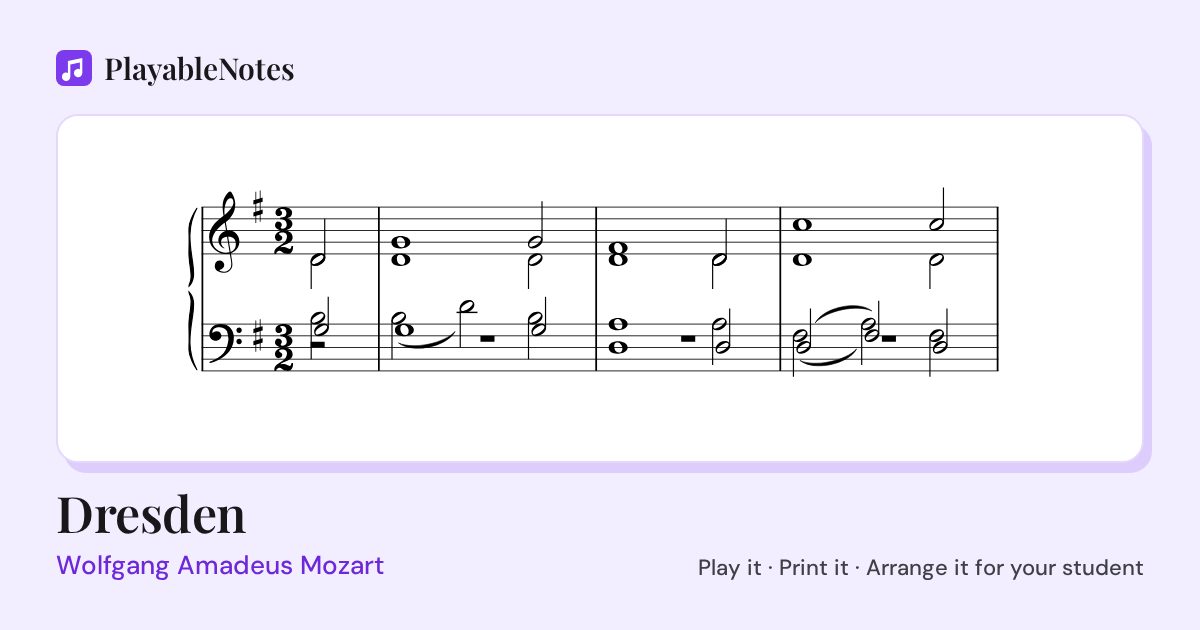 The first bars of Dresden by Wolfgang Amadeus Mozart, engraved.