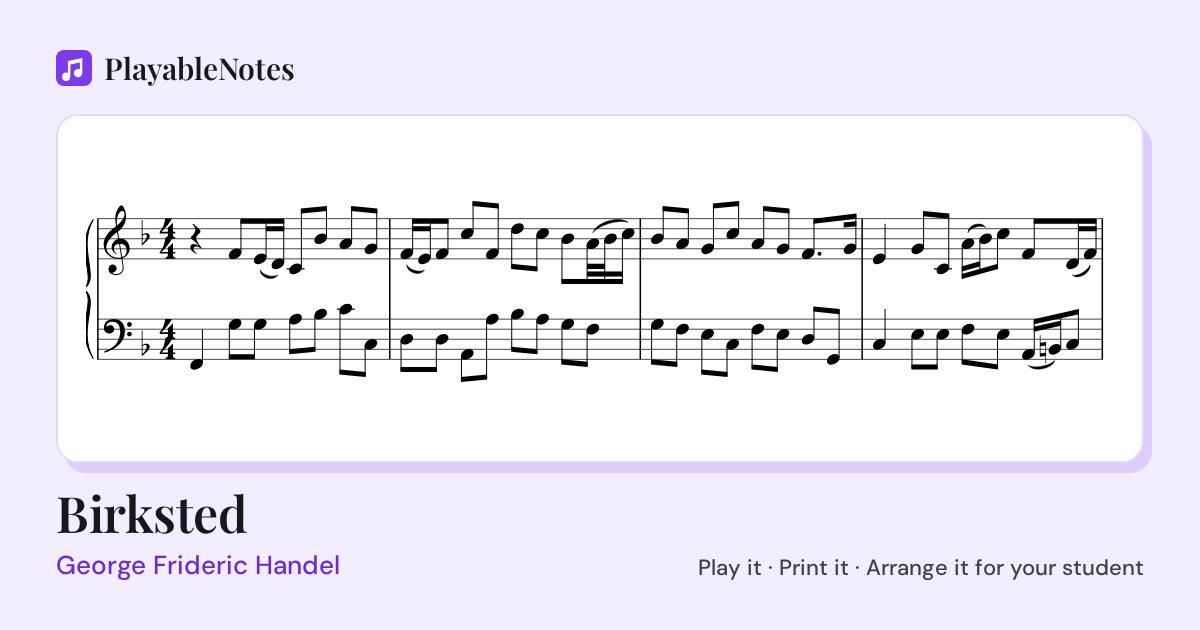 The first bars of Birksted by George Frideric Handel, engraved.
