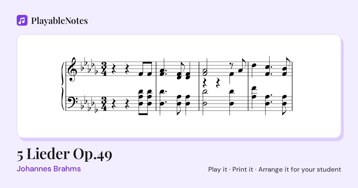 The first bars of 5 Lieder Op.49 by Johannes Brahms, engraved.