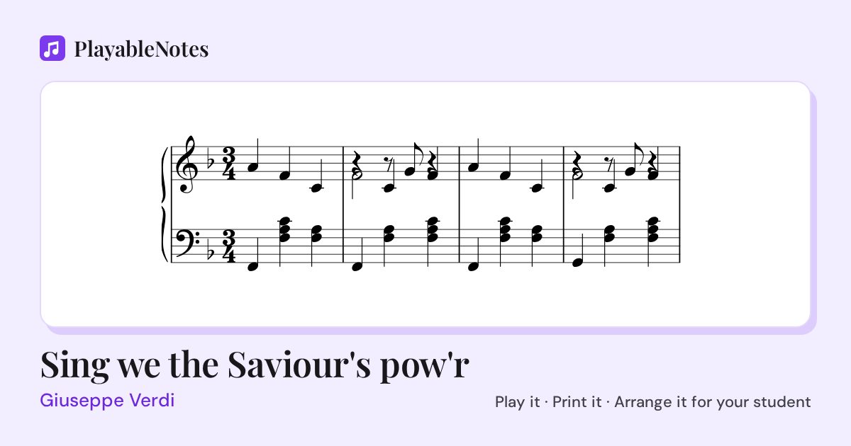 The first bars of Sing we the Saviour's pow'r by Giuseppe Verdi, engraved.