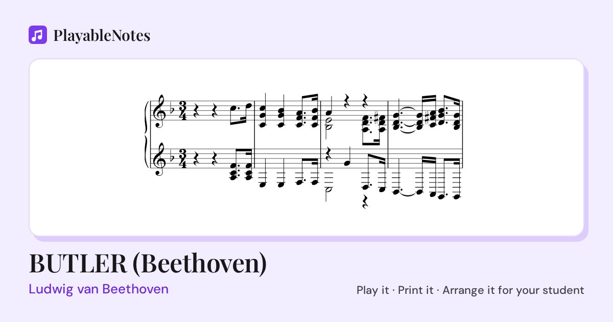 The first bars of BUTLER (Beethoven) by Ludwig van Beethoven, engraved.
